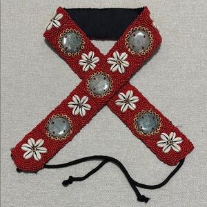 Vintage Belt-Tie On Style-Red Seed Beads/Shell & Stone Accents-Black Backing-EUC